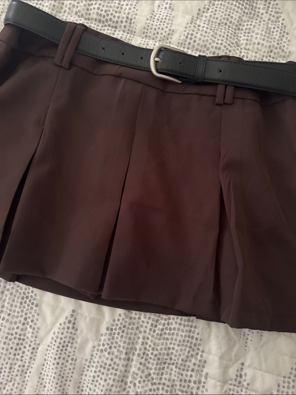 Streetwear Society Pleated Skort in Dark Brown with Black Belt